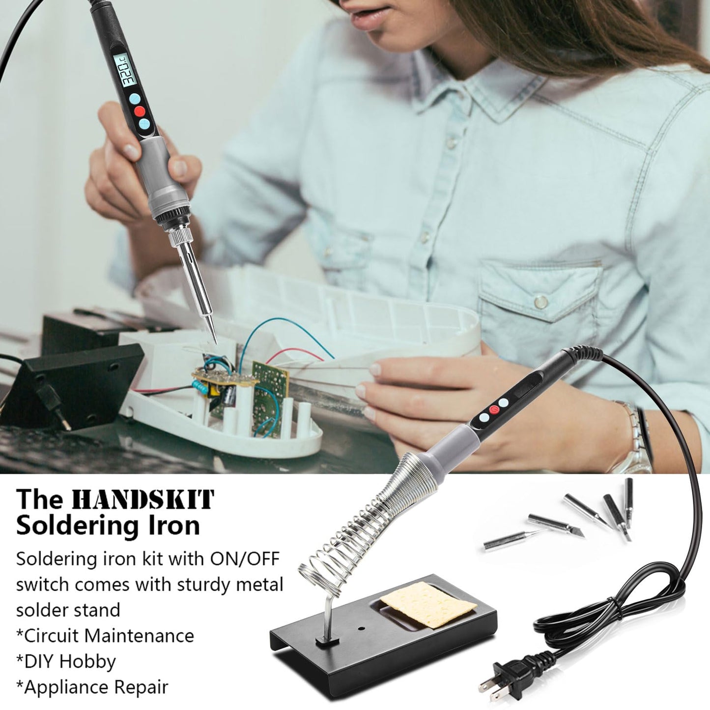 90W Soldering Iron with LCD Adjustable Temp 180-480°C, Soldering Kit with 5 Tips, Desoldering Pump, Solder Wire, Tweezers, Iron Stand, Sponge, Power Cords - Ideal for Solder Iron Electronics Repairs