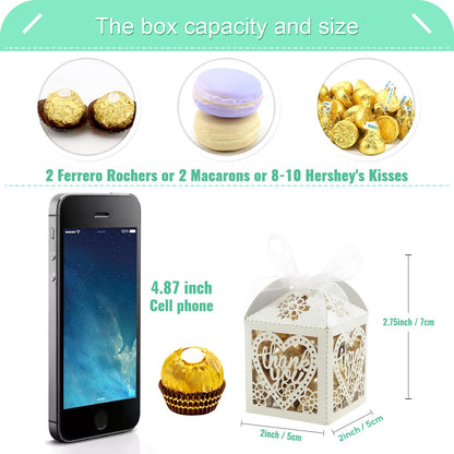 COTOPHER Laser Cut Boxes, 100pcs Thank You Gift Boxes Wedding Party Favor Boxes Lace Candy Boxes for Wedding Bridal Shower Baby Shower Birthday Party Decorations with Ribbons (2x2x2.75inch, White, 100