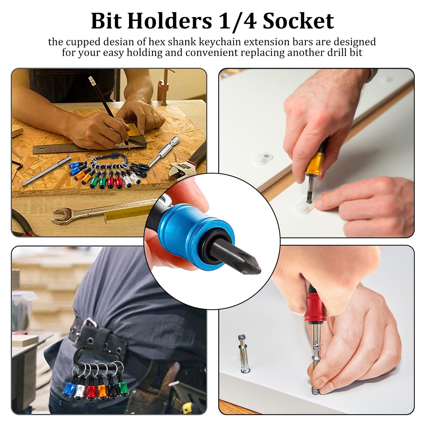 18Pcs Bit Holder Keychain 1/4inch Hex Shank Screwdriver Bits Holder Quick Release Portable Extension Bar Keychain Drill Screw Adapter with Carabiner for Electric Screwdrivers Drill Bit
