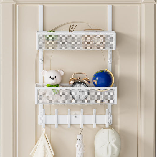 Aimeaihe Over The Door Hooks Organizer, 12 Coat Hooks & 2 Mesh Baskets, Over Door Organizer for Bathroom, Bedroom, Kitchen, Door Storage Hanging Bags, Hats, Purses, Coats White