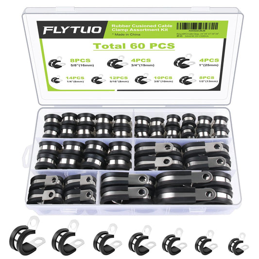 Flytuo 60PCS Cable Clamps Assortment Kit, 304 Stainless Steel Rubber Cushion Pipe Clamps in 7 Sizes (1/4" 5/16" 3/8" 1/2" 5/8" 3/4" 1") - P Clips for Fasten Hose, Pipe and Cable