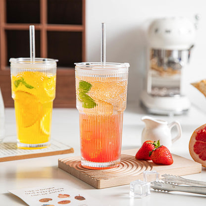 INSETLAN 20oz Ribbed & Floral Glass Tumblers with Lids and Glass Straws, Set of 2 – Iced Coffee Cups, Reusable Drinking Glasses for Water, Smoothies, Tea, and Juice – Perfect for Travel & Daily Use
