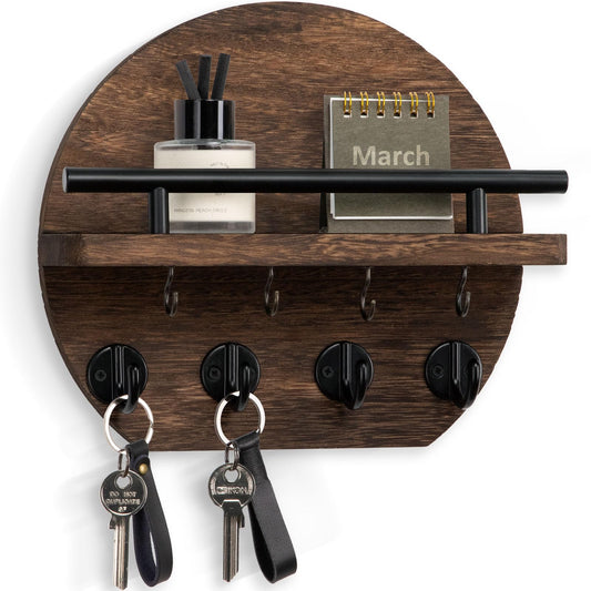 Nekon Key Holder for Wall - 9.8 Inch Apartment Wall Decor with Shelf and 8 Key Hooks, Circular Wood Key Hanger for Home Decor (Brown)