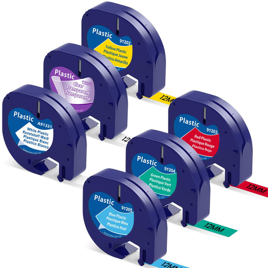 6-Pack Replace for Dymo Letratag Refills Colorful Dymo Label Maker Refills 1/2'' x 13'(12mm x 4m) Plastic Colored Compatible with LetraTag LT-100H 100T 200B, Black on White/Clear/Yellow/Red/Green/Blue