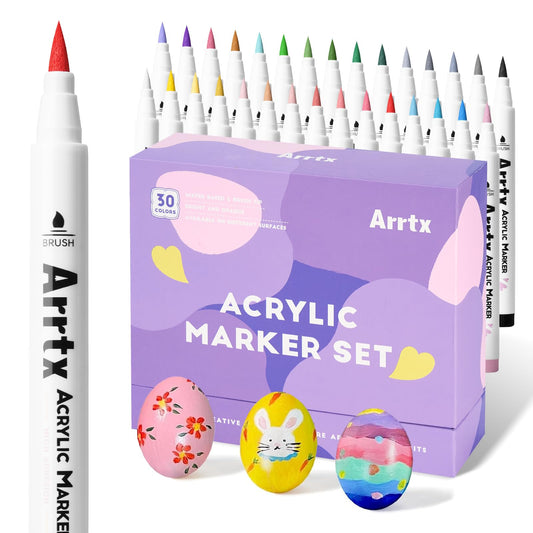 Arrtx Acrylic Paint Pens, 30 Colors Acrylic Paint Markers Brush Tip Acrylic Markers Great for Rock Painting, Wood, Canvas, Ceramic, Fabric, Glass-Portable Gift Box