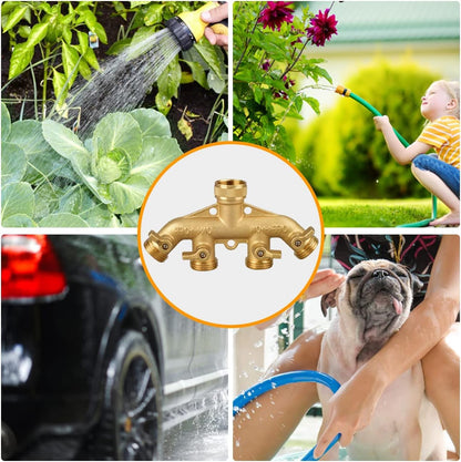 4 Way Garden Hose Splitter, 3/4" Heavy Duty Solid Brass Hose Connector with 4 Valves, 8 Gaskets +1 Seal Tapes, Hose Spigot Adapter for Garden/Home Life/Household Use