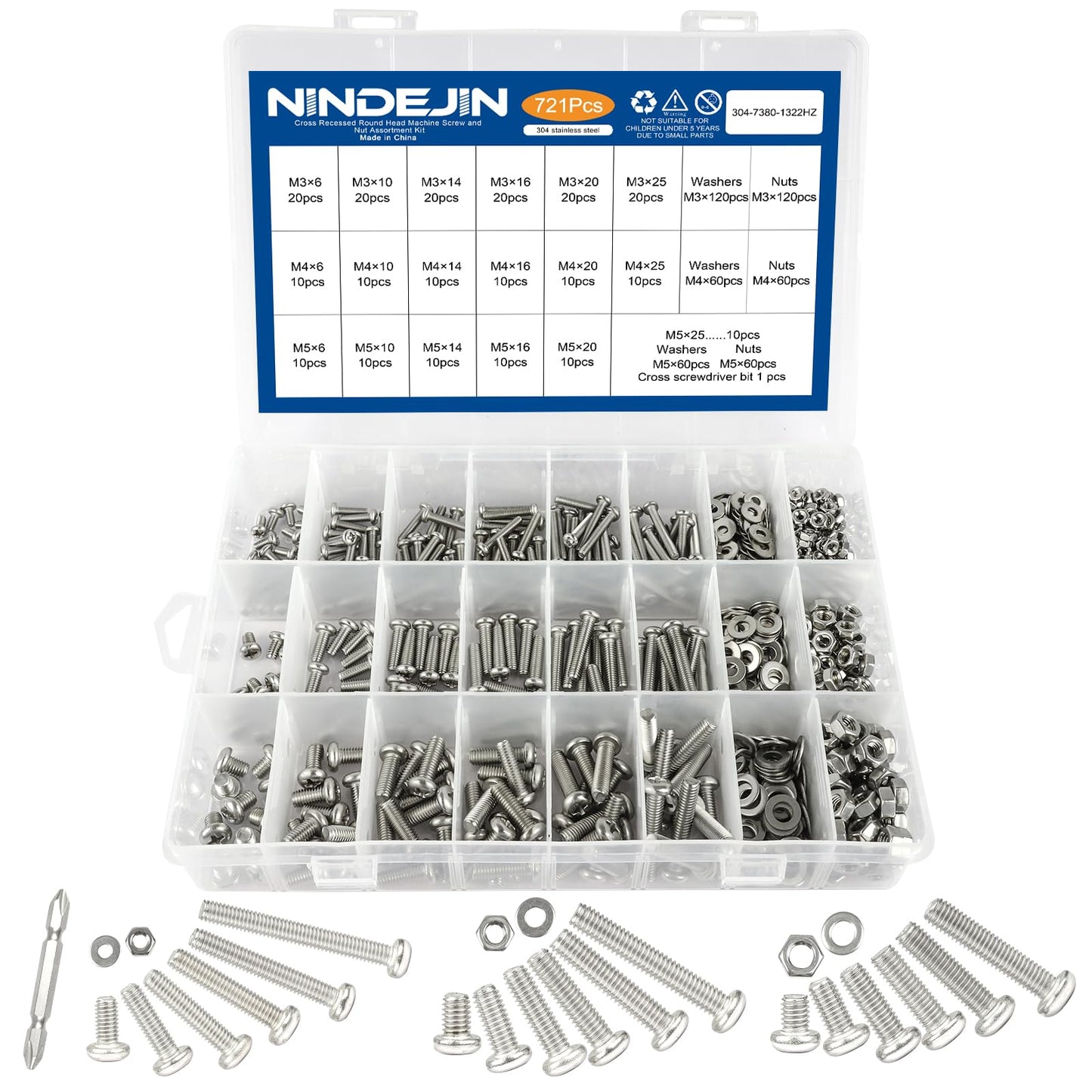 NINDEJIN 304 Stainless Steel Phillips Pan Head Machine Screws Assortment Kit - 721pcs, M3 M4 M5 Machine Screw Assorted Cross Round Head Screw Bolts Nuts Flat Washers Set - 18 Size