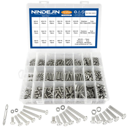 NINDEJIN 304 Stainless Steel Phillips Pan Head Machine Screws Assortment Kit - 721pcs, M3 M4 M5 Machine Screw Assorted Cross Round Head Screw Bolts Nuts Flat Washers Set - 18 Size