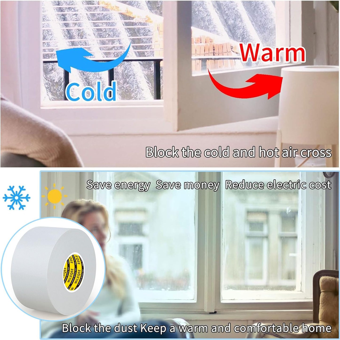 MILEQEE Cloth Duct Window Seal Strip Tape for Winter, 1.89in x 66FT, Weather Stripping Sealing Insulation Tape for Windows and Door, Easy Tear Sealer Draft Blocker White