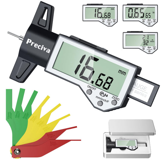 Preciva Tire Tread Depth Gauge & Brake Lining Gauge Set, with Large LCD Display and Inches, Millimeters, Fraction Conversion, for Tread, Brake Shoe and Pad Wear
