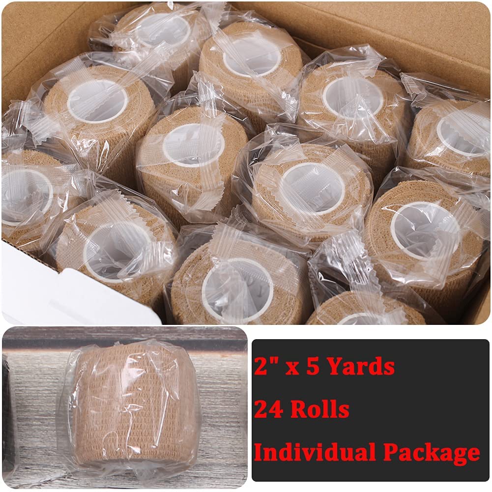 24 Pack Brown Breathable Self Adhesive Bandage Wrap 2 Inch, Multi-Purpose Non-Woven Cohesive Wrap - Vet Wrap | Athletic Tape, Ankle Sprains, Swelling, Pets