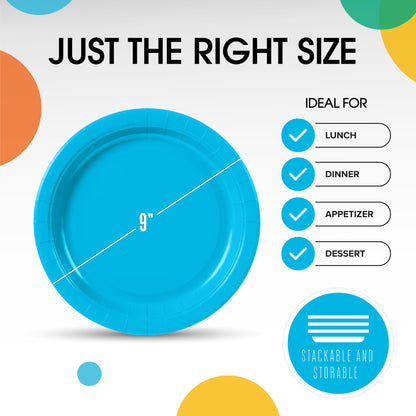 Exquisite Turquoise Paper Plates 9 Inch Heavy Duty 50 Pcs, Disposable Dinner Plates For Party, Turquoise Plates For Party