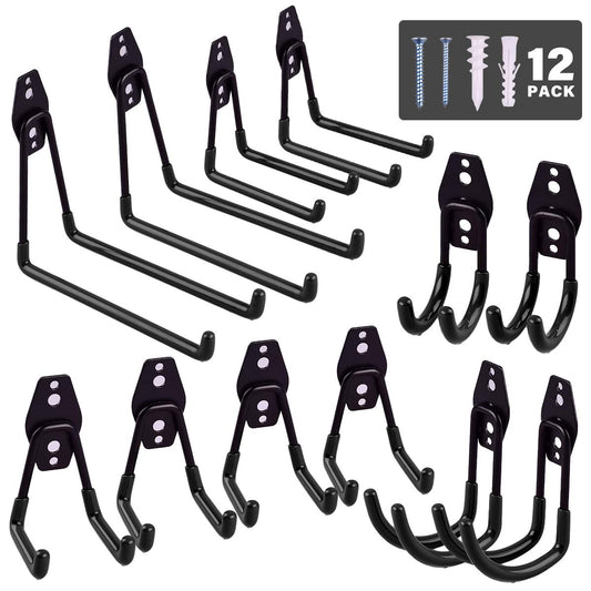 12 Pack Garage Hooks Heavy Duty ,Iron Garage Storage Hooks with Anti-Slip Coating Garage,Tool Hangers for Garage Wall Utility Wall Mount Garage Hooks for Garden Tools, Ladders, Bulk Items, Bikes, Black