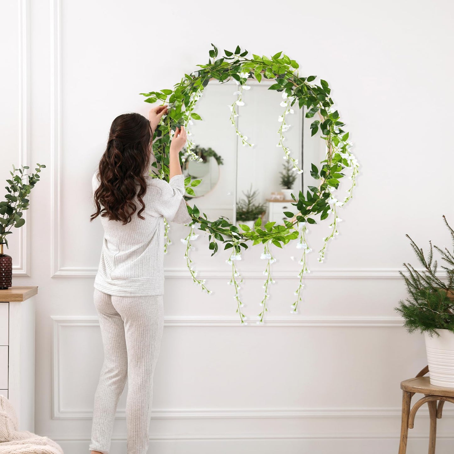 KHOYIME Wisteria Artificial Flowers Garland, 4Pcs 6.8Ft/Piece Artificial Wisteria Vine Silk Hanging Flower for Home Garden Outdoor Ceremony Wedding Arch Floral Decor (White)