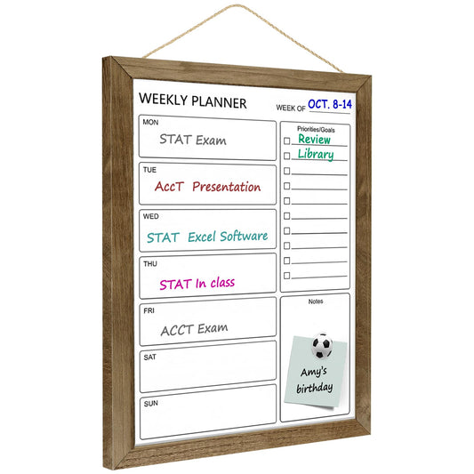 Dry Erase White Board &Weekly Calendar Board, Magnetic Whiteboard for Wall,13“x17 Solid Wood Rustic Brown Framed Message Board, Planner Board for Office, Home, School(Weekly-BB-RB-3343)