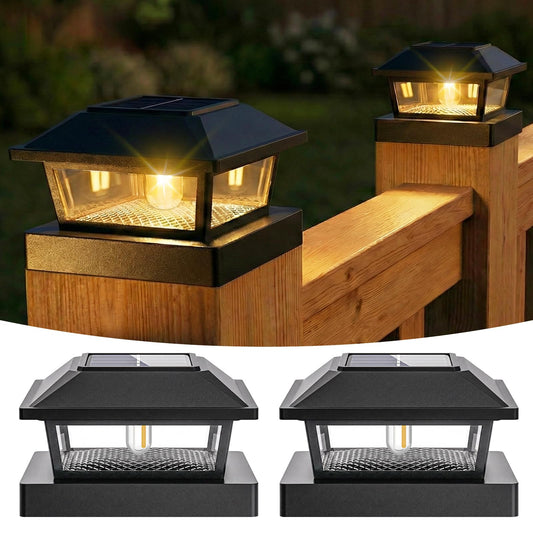 btfarm 2 Pack 4x4 Solar Post Caps Lights, Fence Post Solar Powered Lights with Edison LED Bulbs for Vinyl Wooden Posts, Waterproof Retro Deck Post Light Outdoor for Patio Garden Porch, Warm White