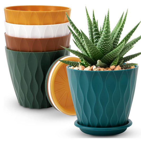 6 Inch Plant Pots with Drainage Holes and Saucers, Multicolor Flower Planters for Indoor Outdoor Use, 5 Pack