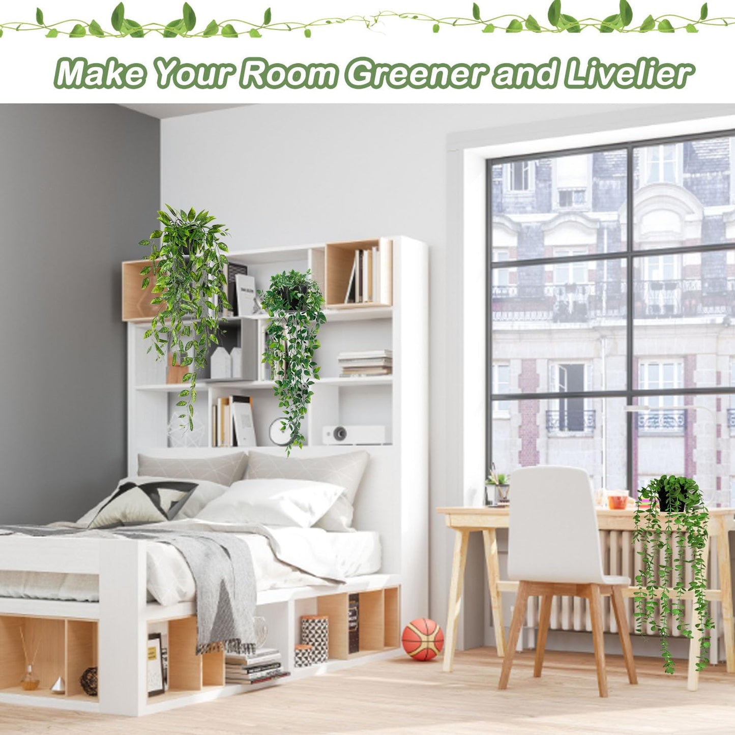 Artificial Hanging Plants 3Pcs Potted Greenery Decor - Grey Eucalyptus Mandala Snow Pea Vine in Pot Plants for Office Farmhouse Home Indoor Outdoor Decor