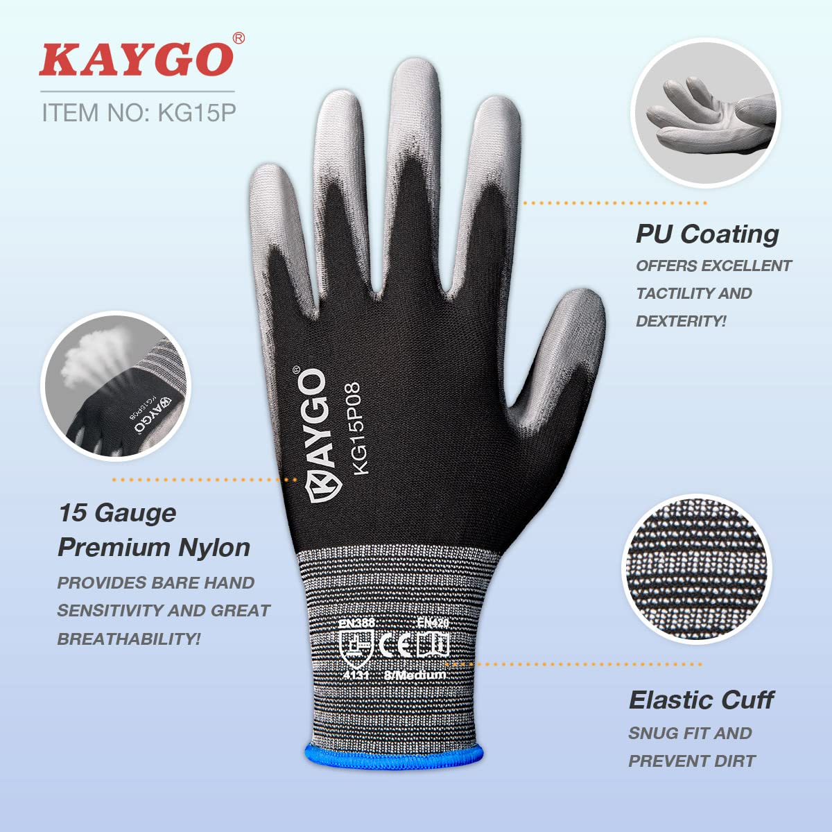KAYGO 12 Pairs PU Coated Safety Work Gloves,KG15P for Men and Women, with Breathable & Dexterous, Comfortable Nylon Liner, Ideal for DIY, Assembly, Warehouse, Light Duty Work (M, Black)