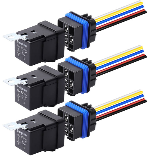 Delgada 40/30 Amp Relay 12V Waterproof Automobile Relay 5 PIN SPDT with Harness Socket Set 14 AWG Copper Wires for Boat Truck Motorcycle