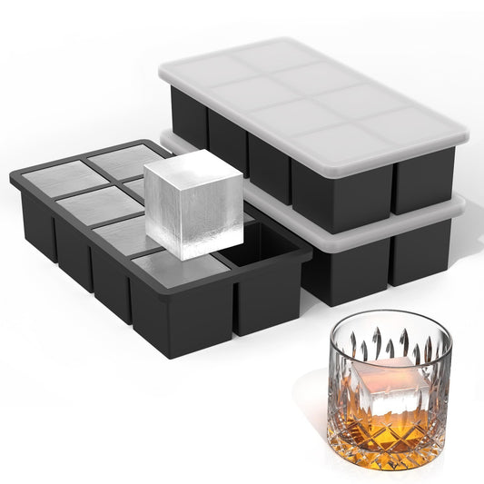 Bangp Silicone Ice Cube Trays with Metal Reinforced Frame(3 Pack),Large Ice Cube Tray with Lid,Easy Release Whiskey Ice Cubes Mold,Ice Trays for Freezer,Stackable Ice Cube Tray(Black)