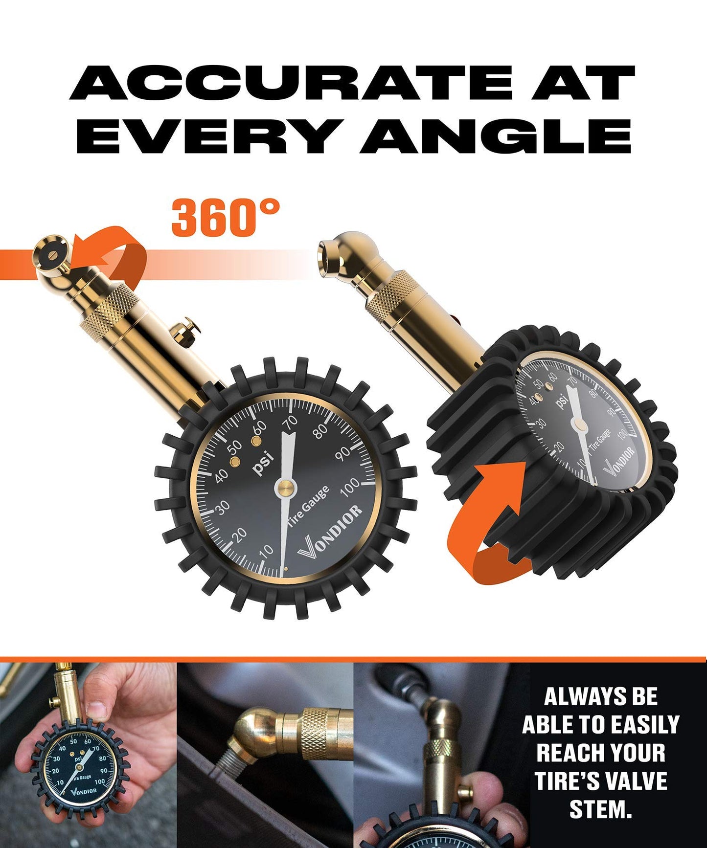 Vondior Tire Pressure Gauge (0-100 PSI) Heavy Duty, Certified ANSI Accurate with Large 2 Inch Easy to Read Glow Dial, Low - High Air Pressure Gauge. Tire Gauge for Car and Trucks Tires