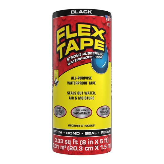 Flex Tape Super Strong Waterproof Underwater Repair Tape, Rubberized Patch & Seal Leak Stopper for Home, Plumbing, Roof, Gutter, Pool, Marine, RV, Boat, Outdoor DIY, Black 8 in x 5 ft (20 cm x 1.5 m)
