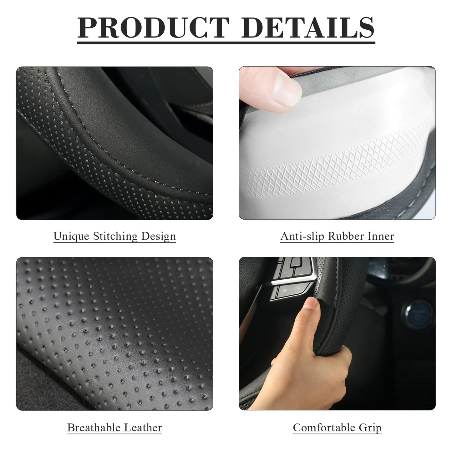 KAFEEK Steering Wheel Cover, Universal 15 inch, Microfiber Leather, Anti-Slip, Odorless, Black Lines