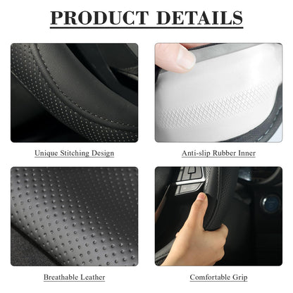 KAFEEK Steering Wheel Cover, Universal 15 inch, Microfiber Leather, Anti-Slip, Odorless, Black Lines