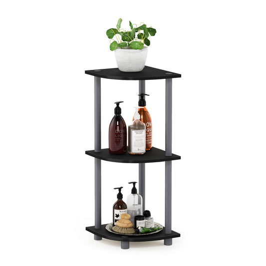 Furinno TURN-N-TUBE Corner Shelf, 3-Tier Open Corner Book Shelf, Display Bookshelf, for Organization and Storage, Living Room, Bedroom, Home Office, Black/Grey