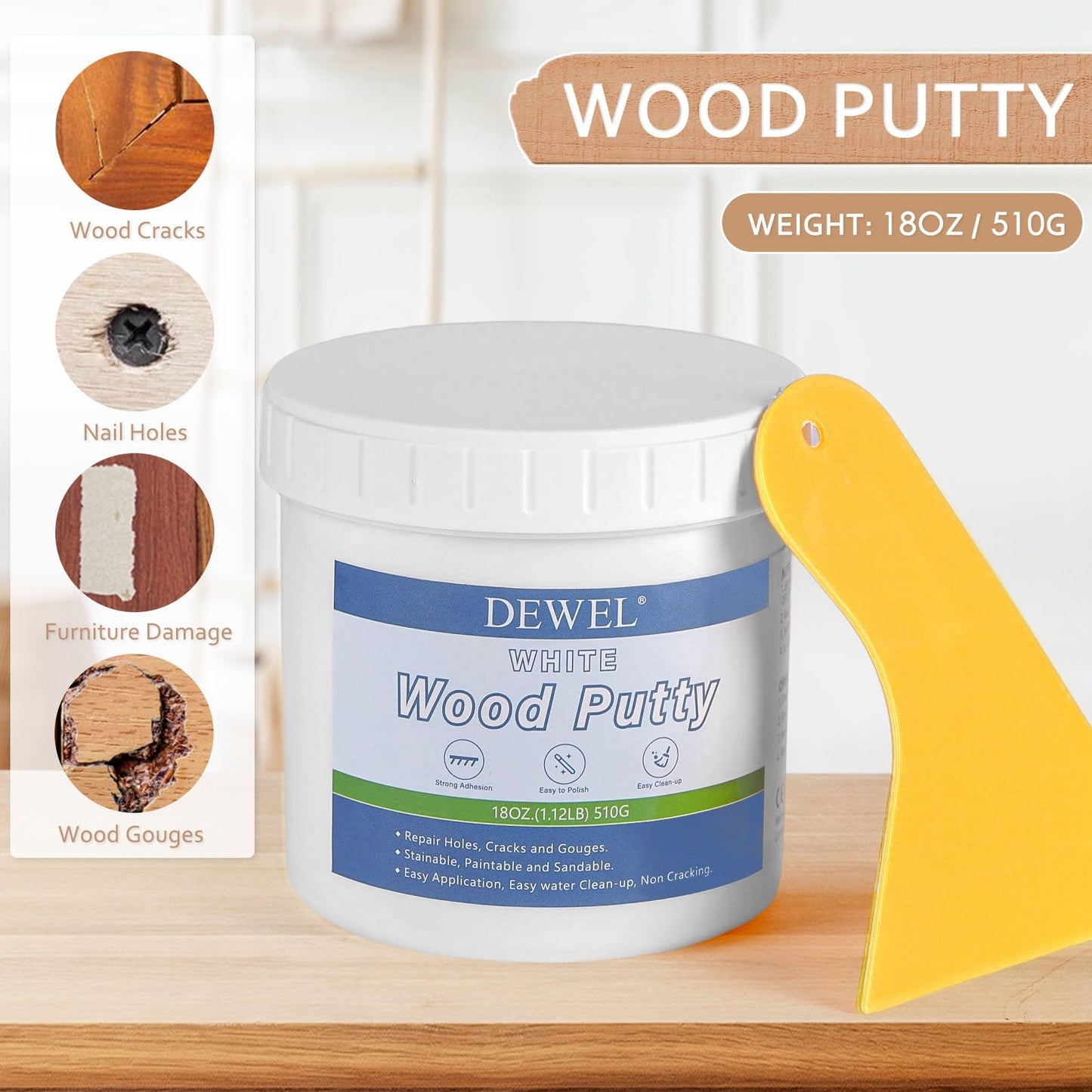 DEWEL Wood Putty, 18 Ounce White Wood Filler Putty Paintable, Stainable, Premium Furniture Repair Kit Quickly Restore Holes and Cracks on Wooden Furniture