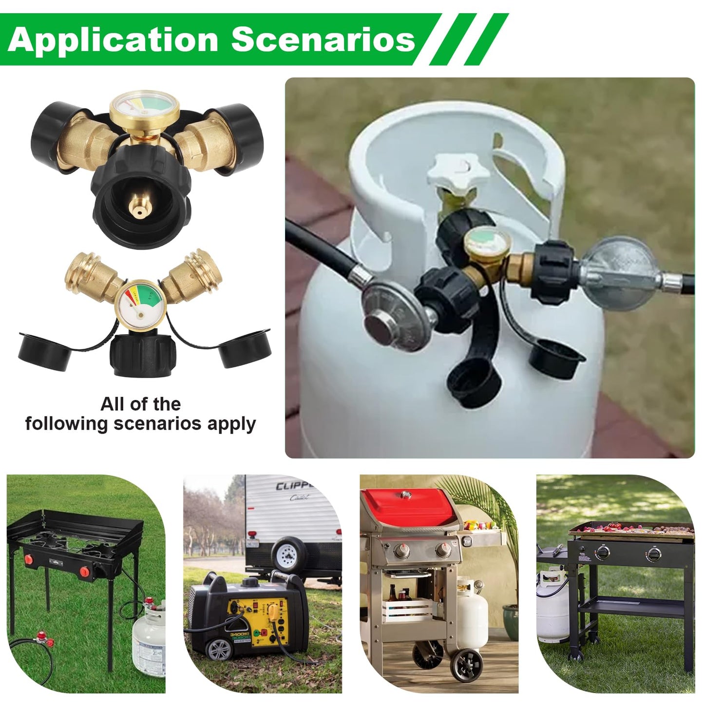 Propane Tank Y Splitter Adapter with Gauge, Propane Tank Gauge Connector with Shut-Off Valve - LP Gas Adapter Tee Connector for Heaters, Camping Stoves, BBQ Grills, Gas Burners
