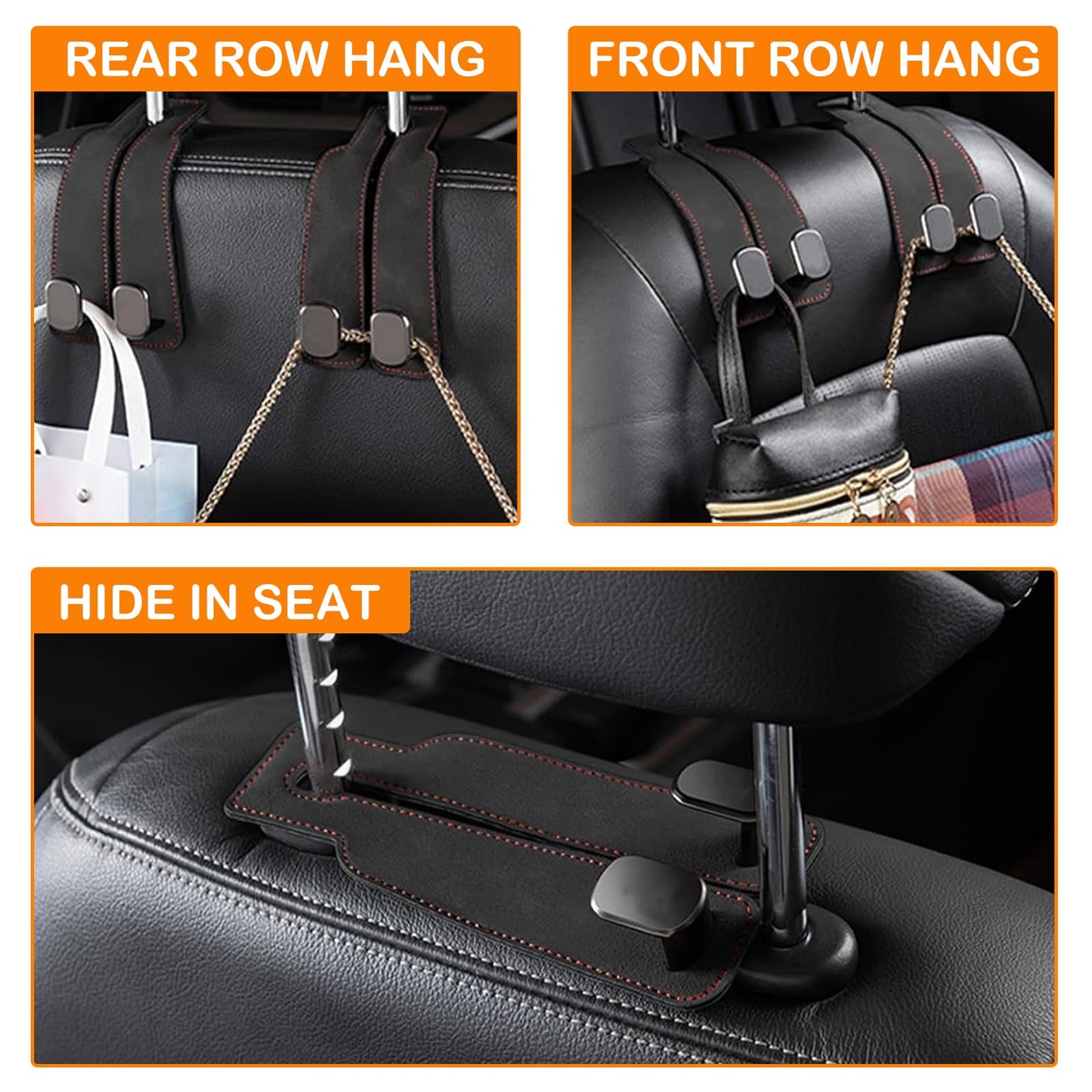 4Pcs Car Seat Back Double Hook,Car Hooks for Headrest, Double Headrest Hooks Purse Holder & Mobile Phone Holder,Multifunctional Hook for Car Seat Back, Car Headrest Hooks for Purses and Bags(Black)