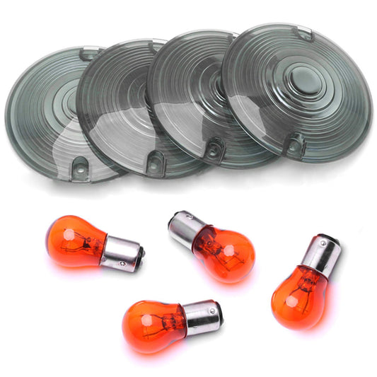 PerfecTech 4 Pcs 3 1/4" Touring OEM Flat Black Smoked Turn Signal Lens£«Amber Bulbs Sutiable for Harley Davidson Electra Glides Road King