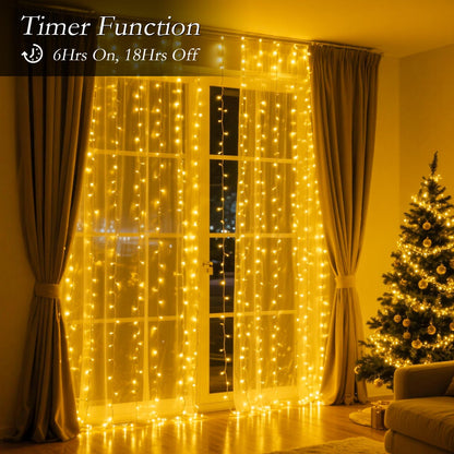200 LED Curtain String Lights 9.8 * 6.6FT Plug in Fairy with Timer and 8 Modes, Waterproof Window Wall for Bedroom Wedding Party Indoor Outdoor Christmas Decor