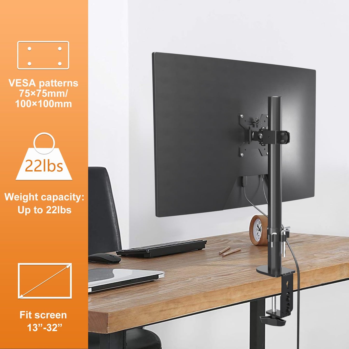 Bracwiser Single Fully Adjustable Monitor Arm Stand Mount Fits One Screen 13-32 inch 22lbs for Monitor Computer Screen 13 15 17 19 20 22 23 24 26 27 30 32 inch VESA 75 100 (MD7401)
