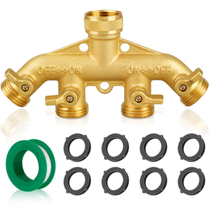 4 Way Garden Hose Splitter, 3/4" Heavy Duty Solid Brass Hose Connector with 4 Valves, 8 Gaskets +1 Seal Tapes, Hose Spigot Adapter for Garden/Home Life/Household Use