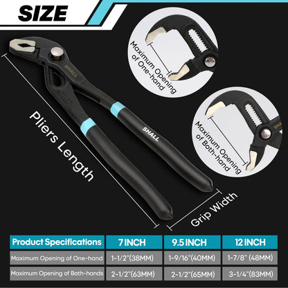 Shall 3-Piece Groove Joint Pliers Set (12, 9-1/2, 7 Inch), Push-Lock Water Pump Pliers in Cr-v Steel, Fast Adjustable Tongue and Groove Pliers with Tool Roll Bag for Home Repair & Plumbing