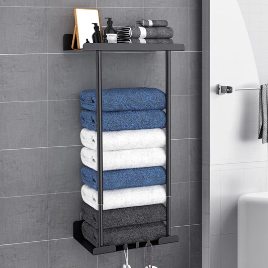 Towel Racks for Bathroom, No Drilling Towel Holder Towel Rack, Towel Storage Wall Mounted, Adjustable Towel Rack Bathroom Storage, Bathroom Towel Shelf for Rolled or Folded Towels, Black
