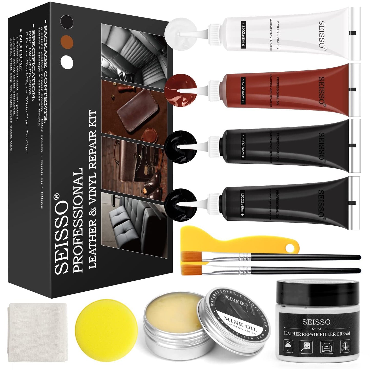 SEISSO Black Leather Repair Kit for Furniture, Leather Dye for Car Seat, Sofa, Boot Care, Shoes, Leather Filler, Leather Scratch Repair Kit with Mink Oil-Set of 11