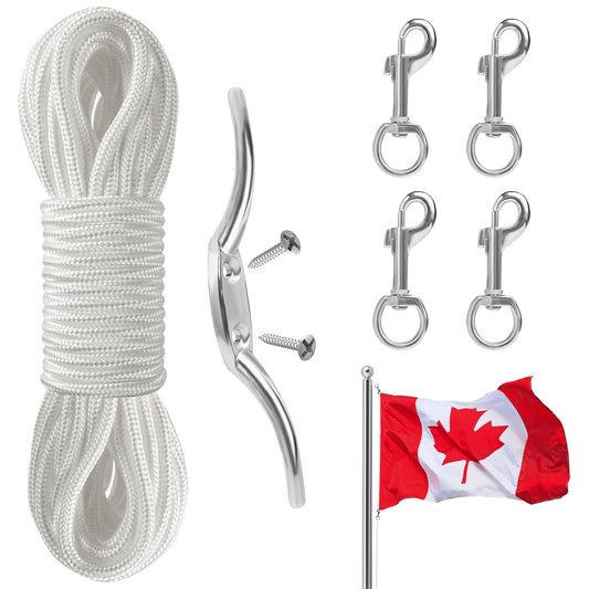 Flag Rope and Clips Kit - 50ft Flag Pole Rope Halyard with Cleat Hook & 4 Pcs Swivel Snap Clips for Flagpoles Up to 25ft, Outdoor Porch Flagpoles Repair Replacement Parts Accessories