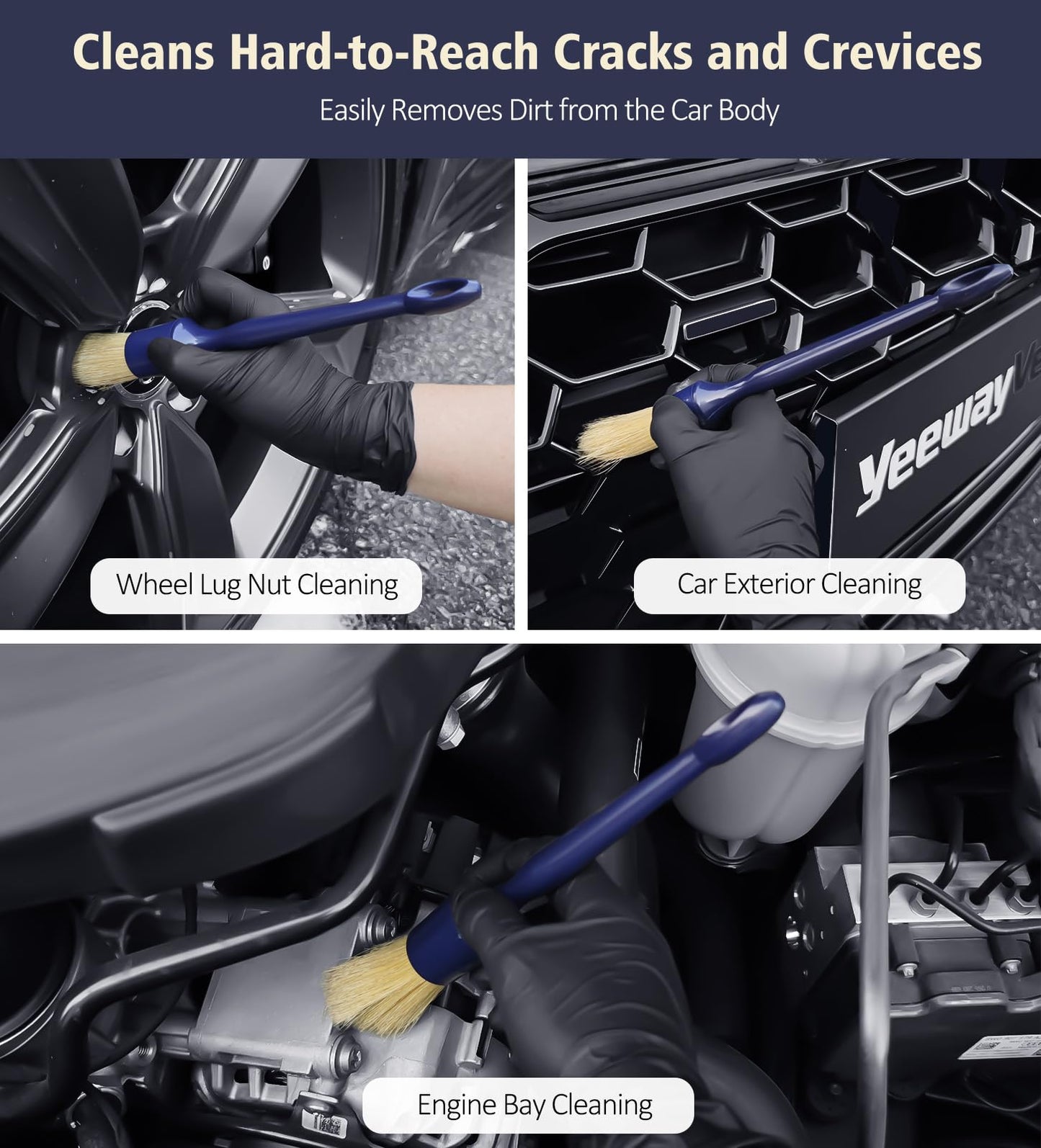 YeewayVeh 6PCS Car Detailing Brush Set, 3pcs Boars Hair Car Detailing Brushes, 3pcs Ultra Soft Detail Brush for Leather Seat Air Vents Engine Bay, Detail Brushes Car Detailing for Interior Exterior
