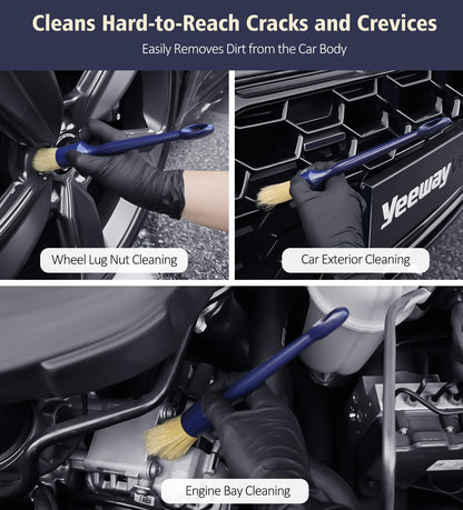 YeewayVeh 6PCS Car Detailing Brush Set, 3pcs Boars Hair Car Detailing Brushes, 3pcs Ultra Soft Detail Brush for Leather Seat Air Vents Engine Bay, Detail Brushes Car Detailing for Interior Exterior