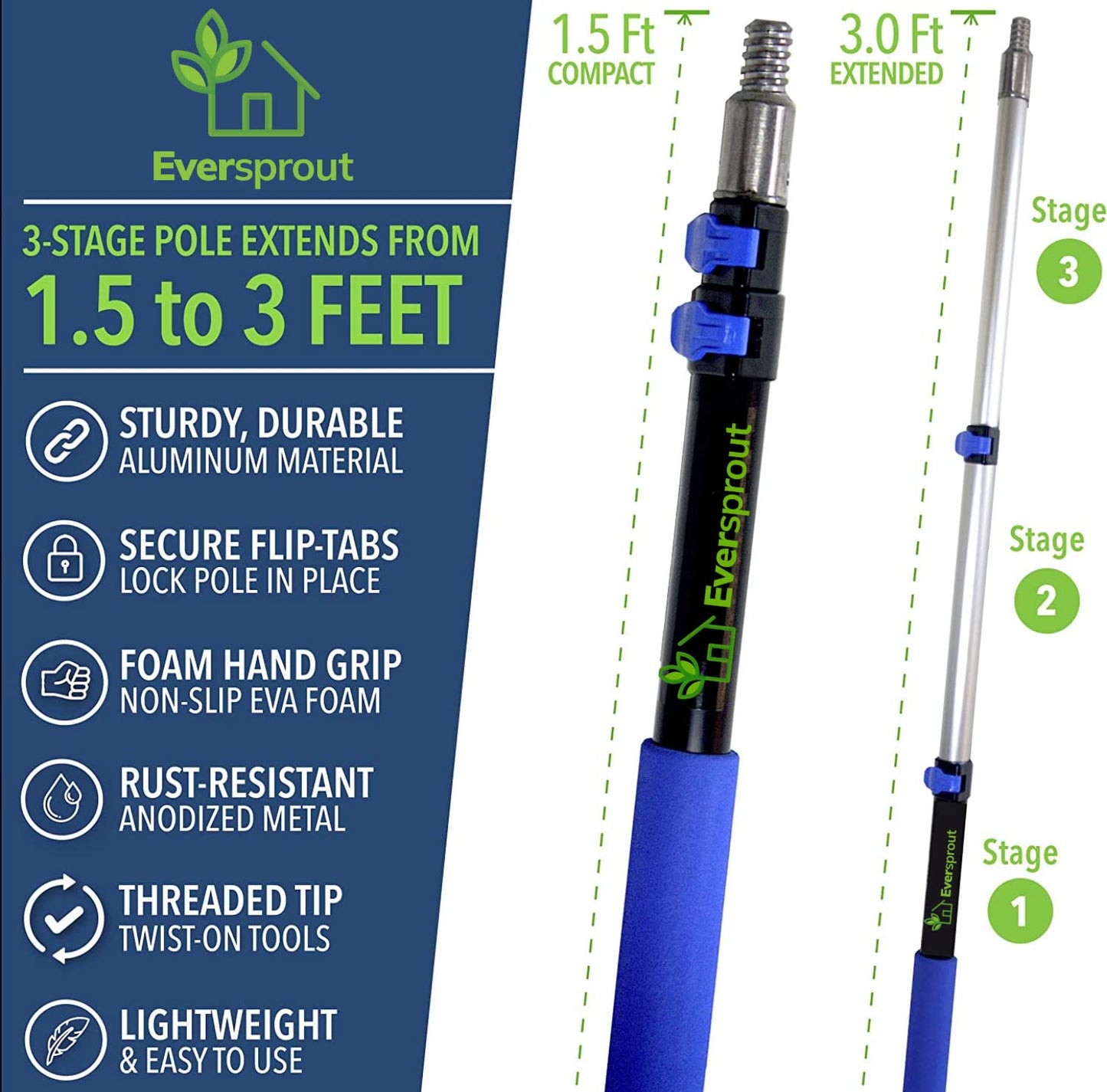 EVERSPROUT 1.5-to-3 Foot Telescopic Extension Pole (8-10 Foot Standing Reach) | Lightweight, Rust-Resistant Aluminum | 3/4” Thread Tip Works for Twist-On Squeegee, Duster, Paint Roller (Pole only)