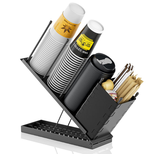 Dunatou Adjustable Cup and Lid Holder with Straw Holder & Storage Box – 4-Compartment Coffee Cup Organizer Dispenser for Countertop, Coffee Bar Station, Office Breakroom & Beverage Setup, Black