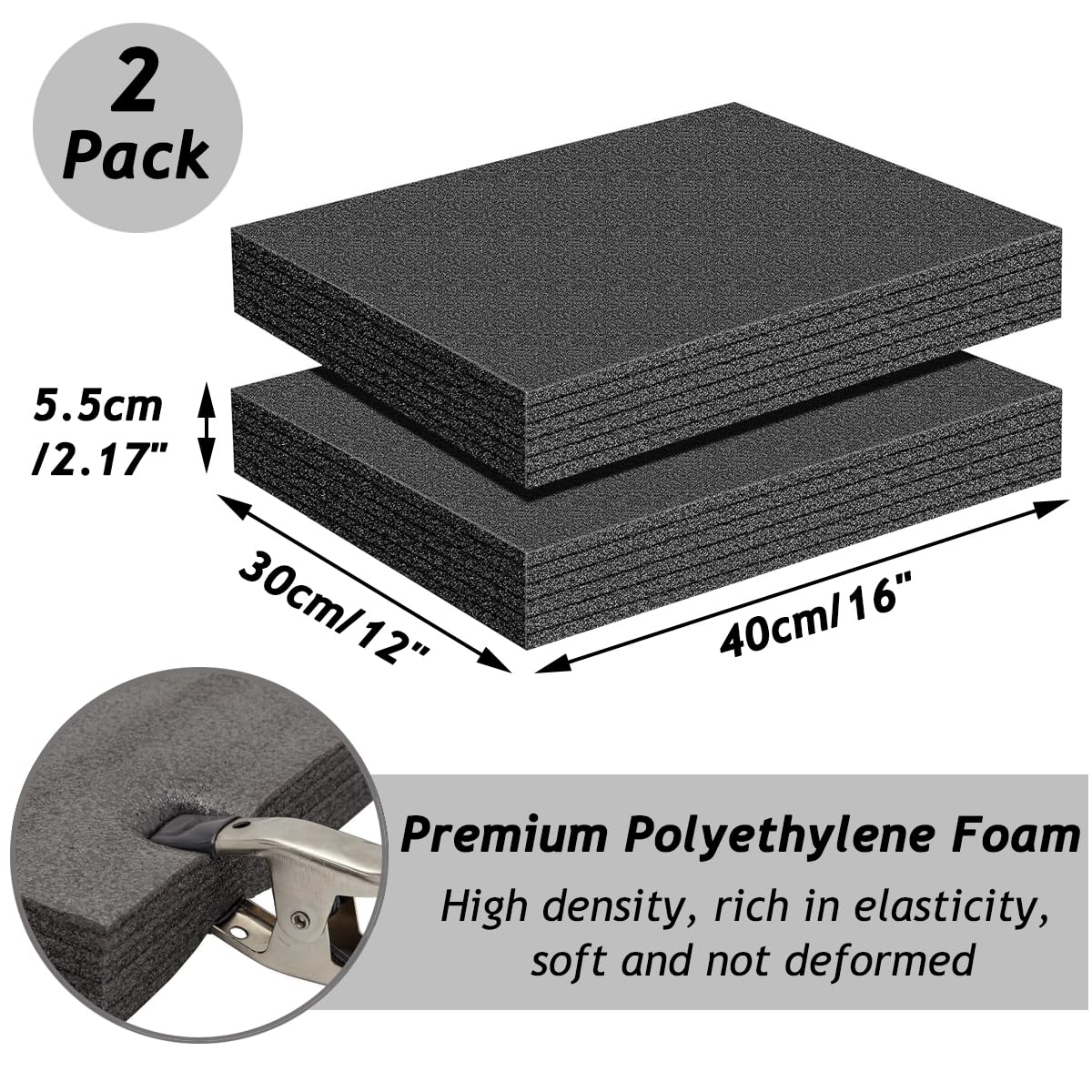 Wonninek Polyethylene Foam Sheets, 2PCS 16" x 12" x 2.17" Cuttable Foam Pad for Case, Camera, Toolbox Storage Padding, Foam Insert Sheets, Cushion Foam for Packing, Crafts, Transport, DIY, Black