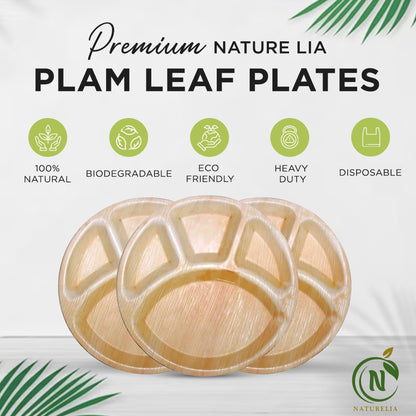 Naturelia 100% Compostable 12-Inch Palm Leaf Disposable 4 Partition Plates- Elegant, 100% Biodegradable, Natural & Eco Friendly, Wedding, Party, Picnic & Event Partition Plates