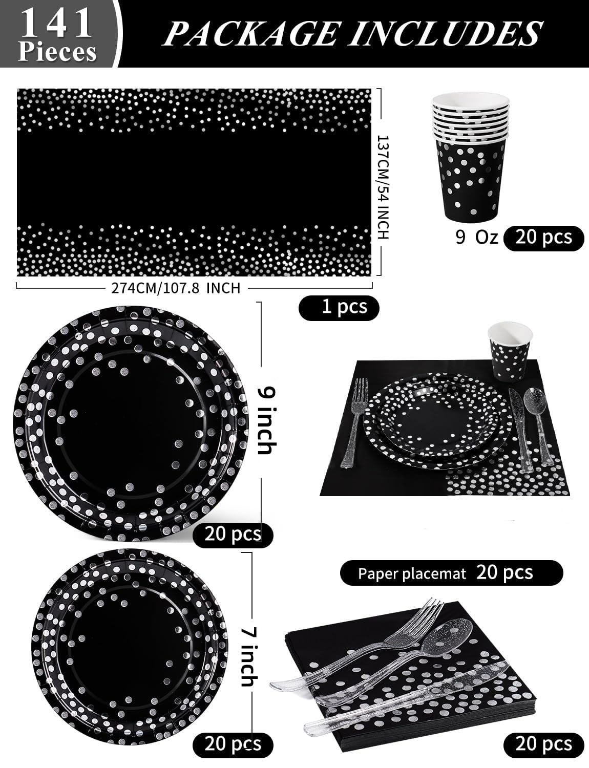 Nkaiso Paper Plates Napkins Cups Set, 141 Pieces Black and Silver Kids Birthday Party Tableware Party Supplies Set Includes Paper Plates Napkins Cutlery for Wedding Shower Engagement -20 Guests