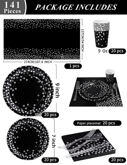 Nkaiso Paper Plates Napkins Cups Set, 141 Pieces Black and Silver Kids Birthday Party Tableware Party Supplies Set Includes Paper Plates Napkins Cutlery for Wedding Shower Engagement -20 Guests