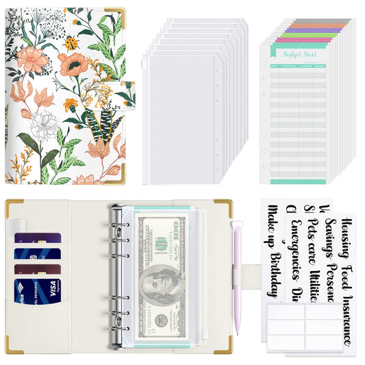 Rnivvi Budget Binder with Zipper Envelopes, A6 Money Saving Binder Cash Envelopes for Budgeting, PU Leather Budget Planner Money Organizer for Cash Bills, Floral Budget Wallet for Women, White Flower